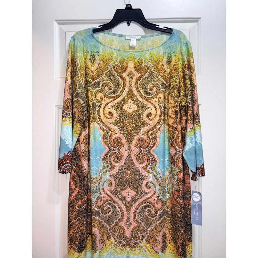 London Times Woman Paisley Print Shift Dress Blue Yellow Orange 14W T2519W